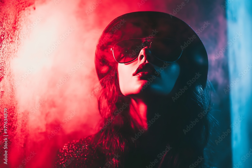 Woman in red and blue neon light, looking out of window with sunglasses on. Urban, mysterious, nightlife, cyber, tech Woman in red and blue neon light, looking out of window with sunglasses on. Urban, mysterious, nightlife, cyber, tech