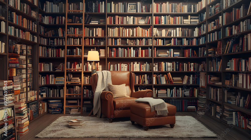 Well-Organized Home Library with Rolling Ladder Well-Organized Home Library with Rolling Ladder