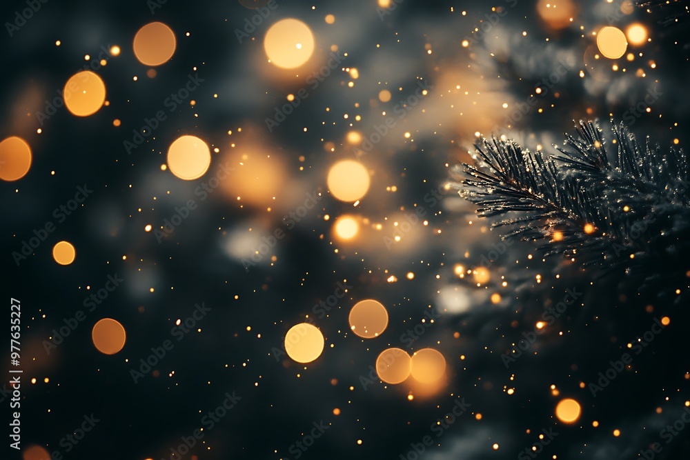 Abstract blurred Christmas lights and pine tree branches with bokeh. Festive background for winter holidays Abstract blurred Christmas lights and pine tree branches with bokeh. Festive background for winter holidays
