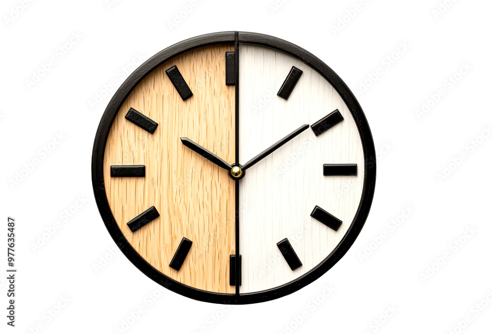 Stylish wooden clock featuring a unique half and half design isolate on transparent background, cutout, png Stylish wooden clock featuring a unique half and half design isolate on transparent background, cutout, png
