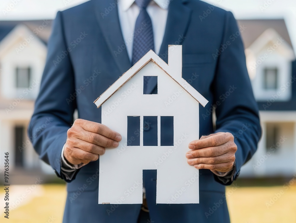Businessperson holding broken loan documents with house in the background, loan concept, mortgage default