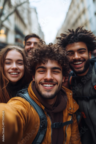 A group of tourists are smiling and posing for selfies on the street.