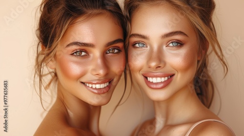 Portrait of two young women smiling for the camera, on a beige background