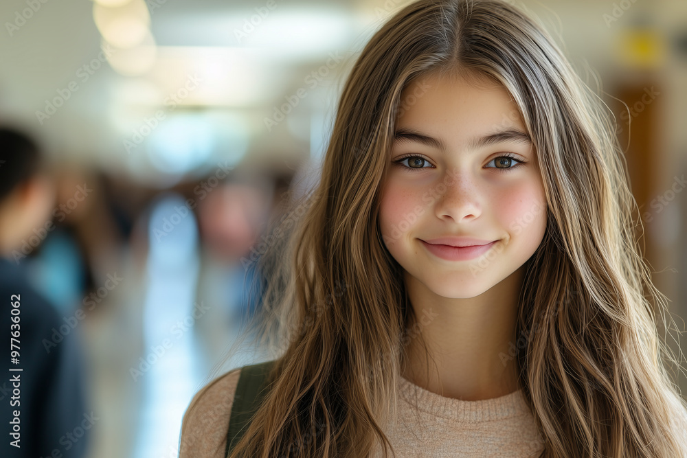 High school girl looks at the camera with confidence in the hallway, attending class. High school girl looks at the camera with confidence in the hallway, attending class.