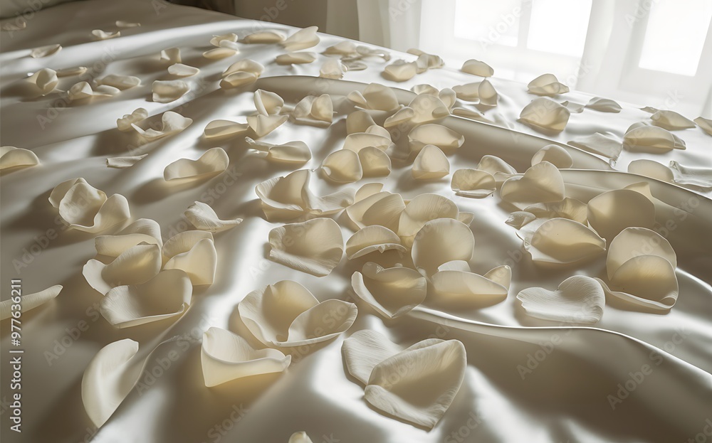 Obraz premium Generative-AI, Heart-Shaped Rose Petals on a White Silk Bedspread Creating a Romantic Atmosphere