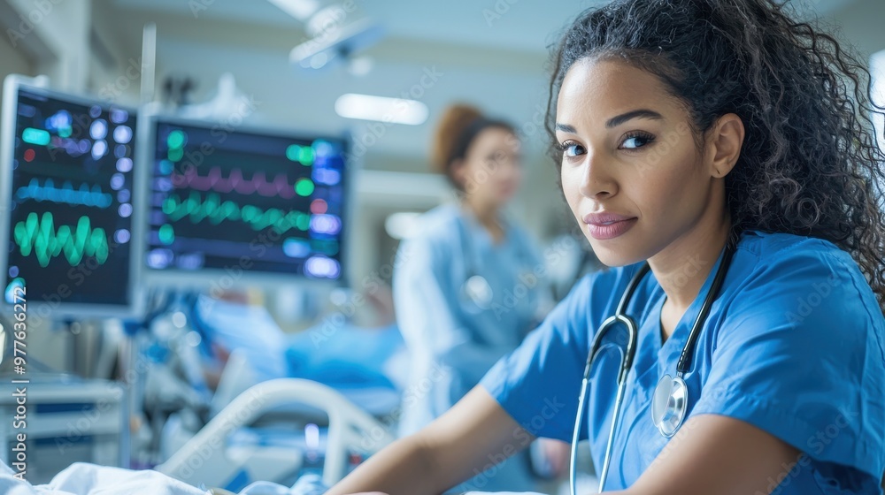 Fototapeta premium A nurse using advanced medical tech to monitor a patient's vitals in a contemporary hospital environment