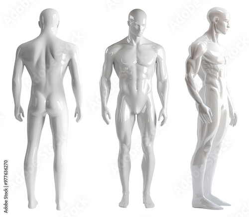 Set of white full body shiny glossy muscular male man mannequin dummy sculpture front back side view on transparent cutout, PNG file. Many different angle. Mockup template for artwork graphic design