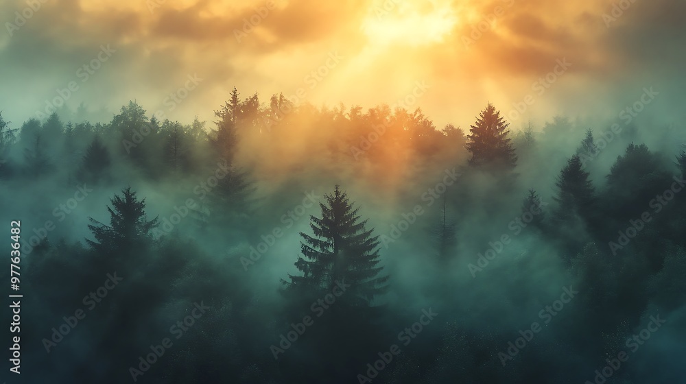 Sunrise Through Misty Forest, Nature Photography Sunrise Through Misty Forest, Nature Photography