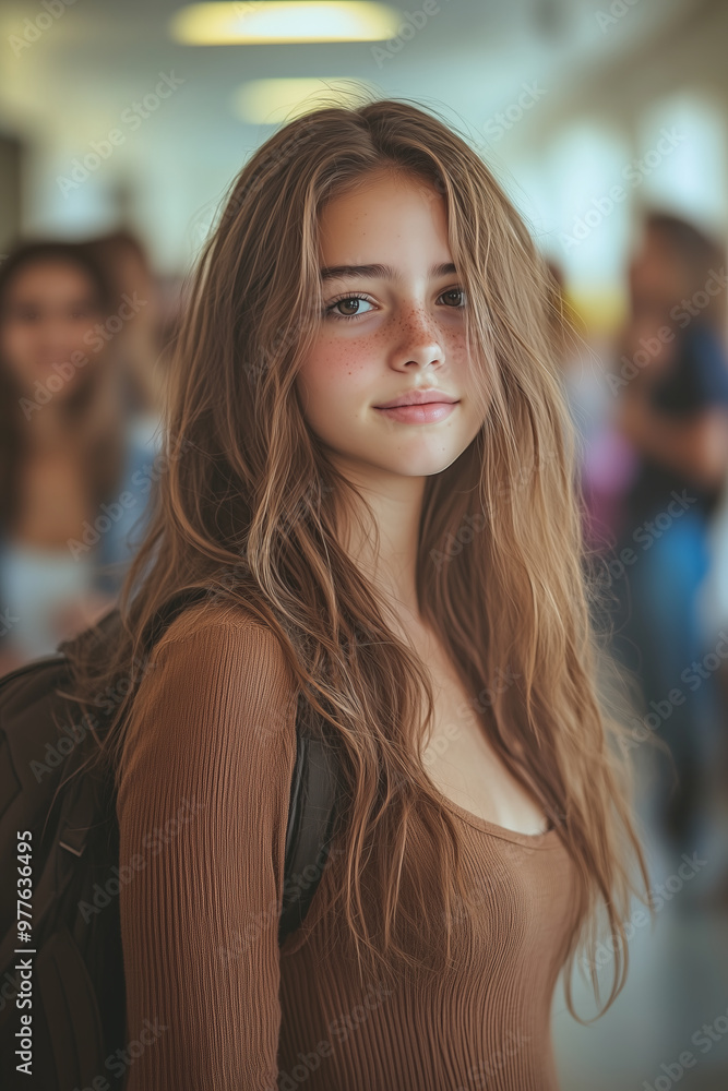 High school girl looks at the camera with confidence in the hallway, attending class. High school girl looks at the camera with confidence in the hallway, attending class.