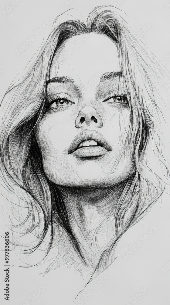 Detailed black and white sketch of a woman with flowing hair Detailed black and white sketch of a woman with flowing hair
