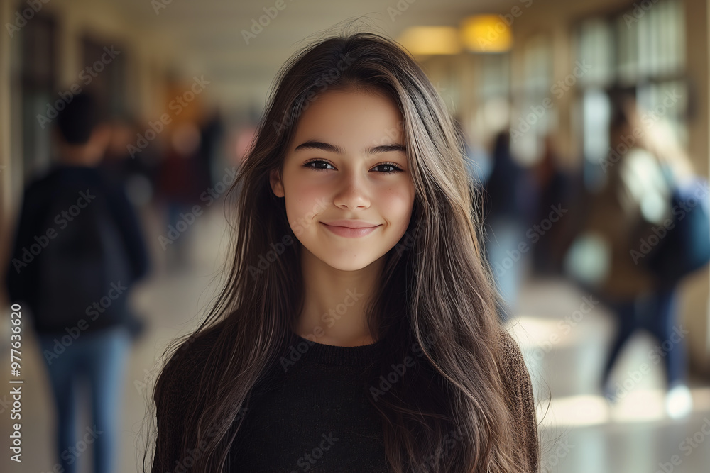 High school girl looks at the camera with confidence in the hallway, attending class. High school girl looks at the camera with confidence in the hallway, attending class.