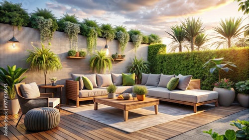 Wallpaper Mural A cozy and stylish outdoor terrace with comfortable furniture and vibrant plants Torontodigital.ca