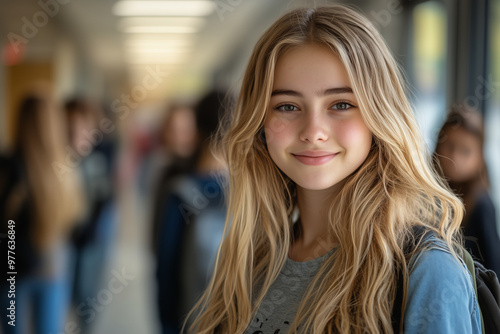 High school girl looks at the camera with confidence in the hallway, attending class.