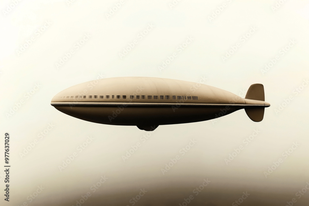 Fototapeta premium A sepia-toned image of a large zeppelin flying in a cloudy sky. The zeppelin appears streamlined with rows of small windows and a tail fin for navigation.