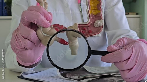 Doctor with colon anatomy model and inflammation of human appendicitis. Colon diseases, colon, colorectal cancer, ulcerative colitis, diverticulitis photo