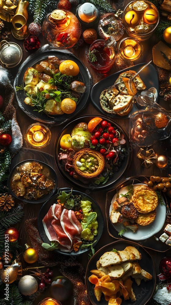 A festive holiday table spread with various delicious dishes. A festive holiday table spread with various delicious dishes.