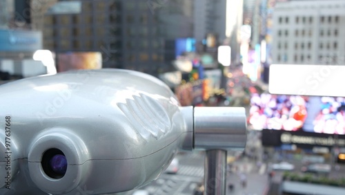 New York City Times Square, Manhattan Midtown Broadway street, USA. American NYC urban life. Road traffic, people from above. Commercial billboard screens. Tower viewer binoculars, tourist viewpoint.