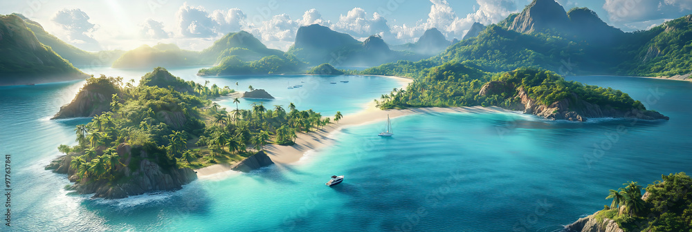 Aerial view of tropical island with greenery and sandy beach. Surrounded by turquoise waters and palm trees swaying in the breeze. Aerial view of tropical island with greenery and sandy beach. Surrounded by turquoise waters and palm trees swaying in the breeze.