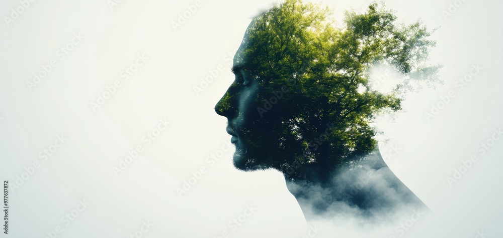 A creative double exposure of a human silhouette intertwined with nature, symbolizing harmony between mind and environment. A creative double exposure of a human silhouette intertwined with nature, symbolizing harmony between mind and environment.