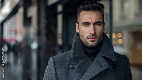 Confident man in stylish coat walking through city streets