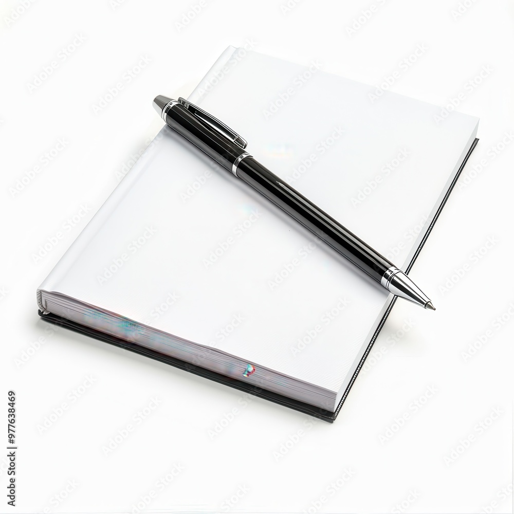 A pen and a notebook are placed on a white background A pen and a notebook are placed on a white background