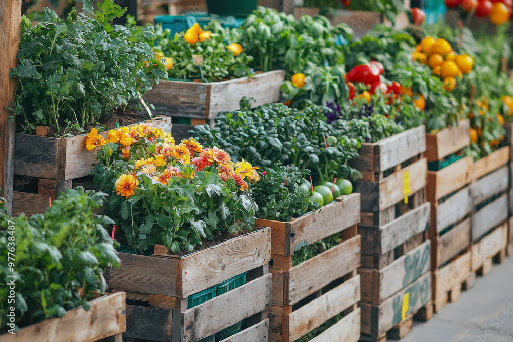Flowers and vegetable planted in the recycle wooden box. The box was arranged and stacked nicely in the slanted rack. Flowers and vegetable planted in the recycle wooden box. The box was arranged and stacked nicely in the slanted rack.