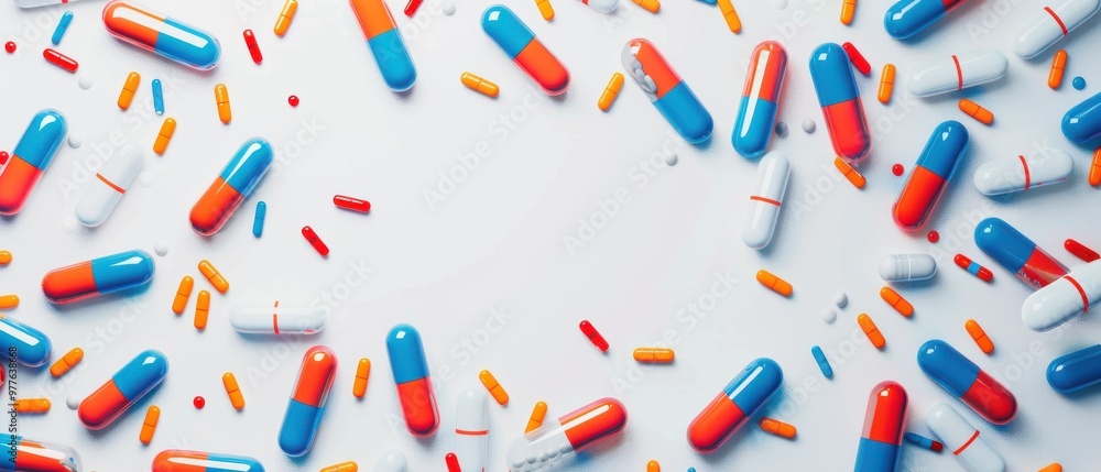 A close up of many different colored pills scattered across a white background A close up of many different colored pills scattered across a white background