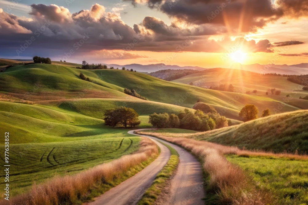 Fototapeta premium Serene country road winding through lush green hills at sunset.
