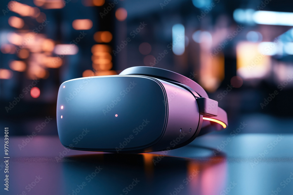 Close-up of a virtual reality headset mockup placed on a sleek surface with a blurry futuristic cityscape in the background. The headset has glowing lights, creating a modern high-tech aesthetic. Close-up of a virtual reality headset mockup placed on a sleek surface with a blurry futuristic cityscape in the background. The headset has glowing lights, creating a modern high-tech aesthetic.