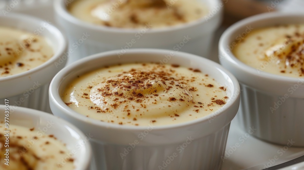 A white bowl of dessert with a sprinkle of cinnamon on top A white bowl of dessert with a sprinkle of cinnamon on top