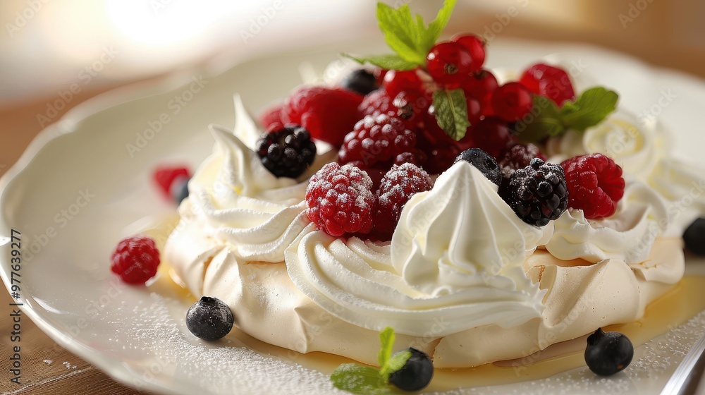 A dessert with whipped cream and berries on top A dessert with whipped cream and berries on top