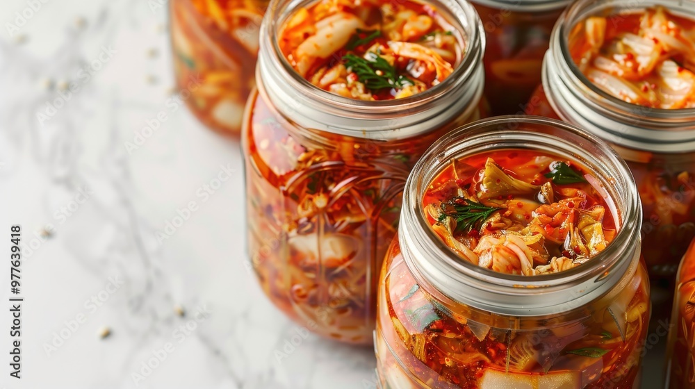 A row of jars filled with a red sauce A row of jars filled with a red sauce