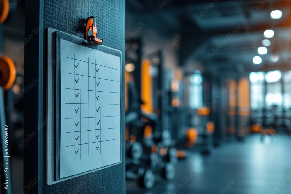 A fitness checklist board in a modern gym setting, highlighting a motivated workout environment with equipment in the background. A fitness checklist board in a modern gym setting, highlighting a motivated workout environment with equipment in the background.