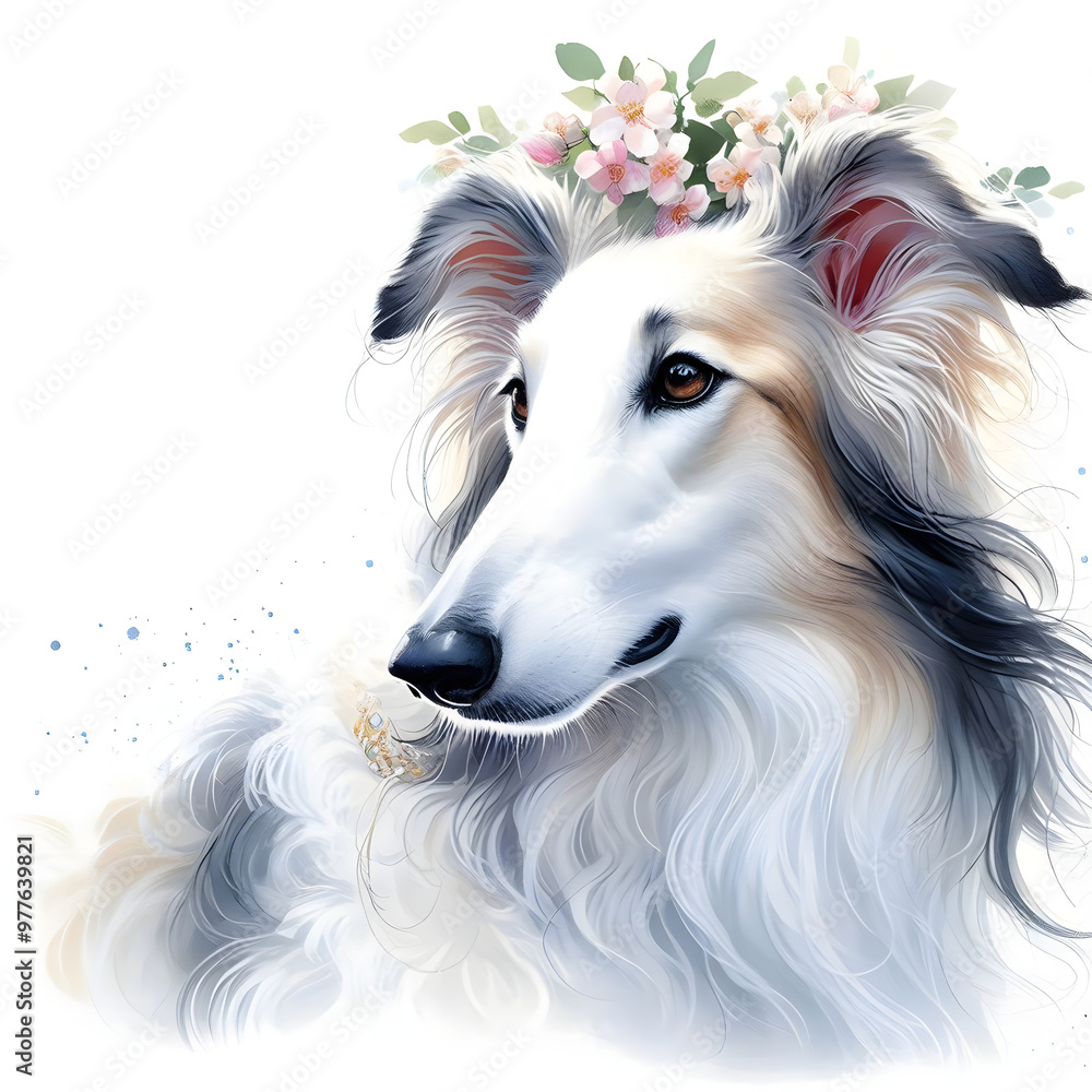 Fototapeta premium 흰 배경, 보르조이, 수채화 (white background, borzoi, water colour)