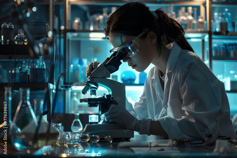 Female biochemist using microscope while working on scientific research in laboratory. Female biochemist using microscope while working on scientific research in laboratory.
