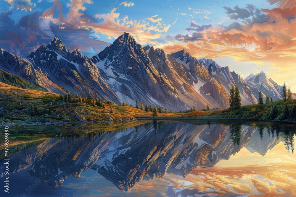 Obraz premium A painting of a majestic mountain range bathed in the warm hues of sunrise, with a tranquil lake reflecting the peaks in the foreground