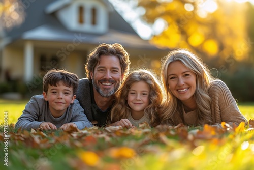 Family of Four Playing in Autumn Leaves in Front of Their Home photo