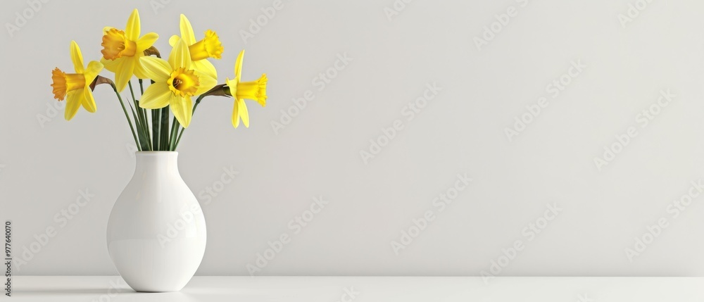 A vase of yellow flowers sits on a white table A vase of yellow flowers sits on a white table