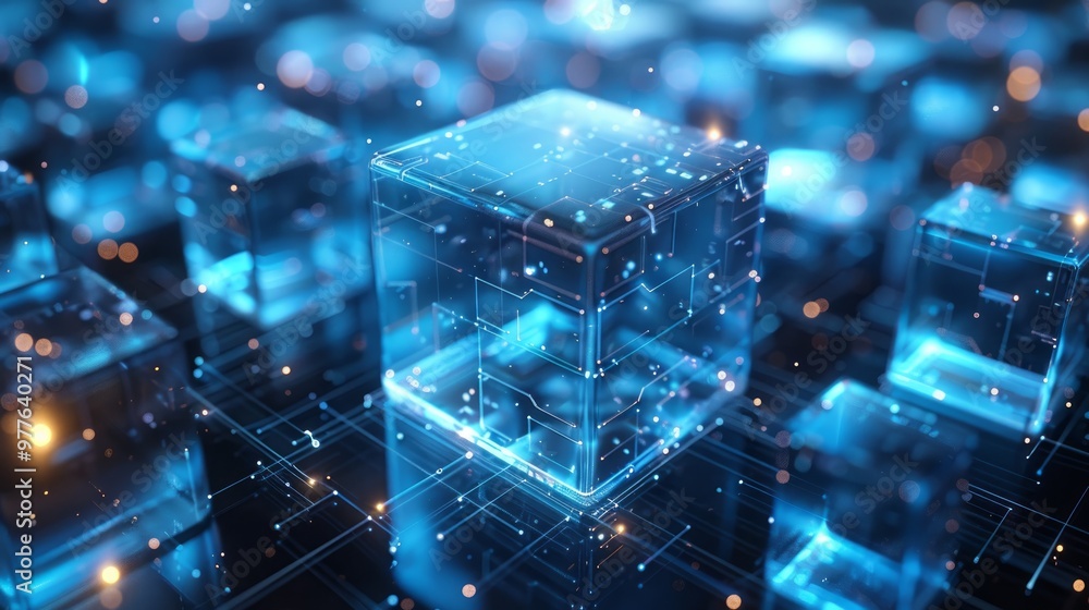 A blue and white futuristic geometric tech background with cubes, with glowing data connections. A blue and white futuristic geometric tech background with cubes, with glowing data connections.