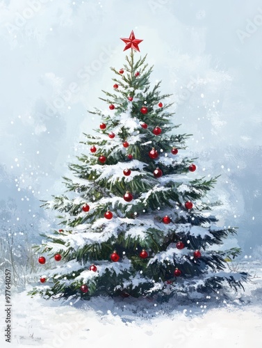 Decorated Christmas tree with winter snow background