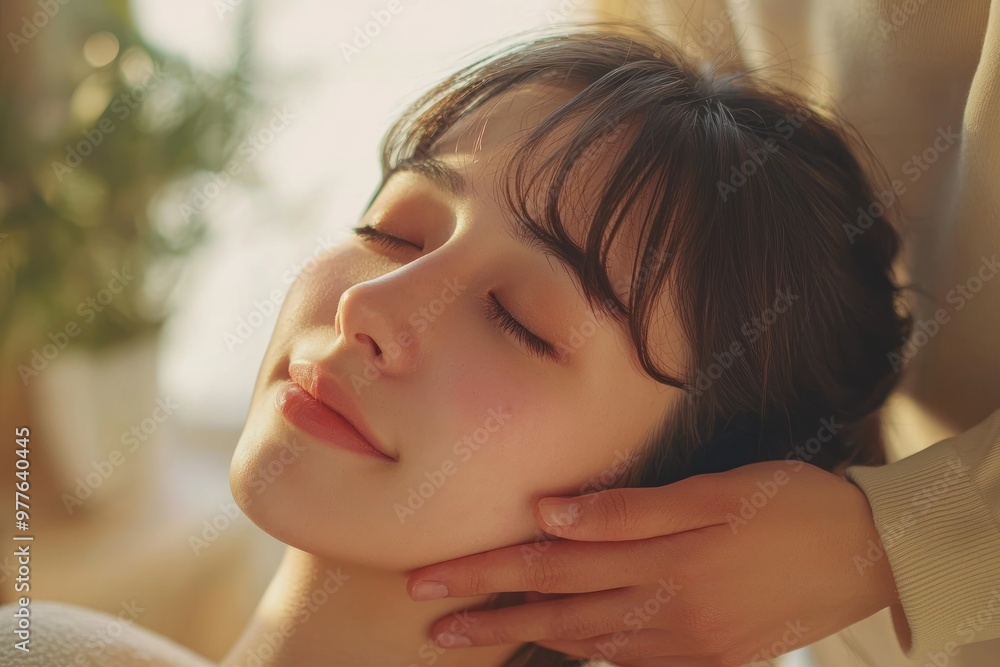 Japanese woman in casual clothes is receiving a neck massage from a physical therapist for chronic stiff neck, with the physical therapist's hands lightly holding her shoulders. Japanese woman in casual clothes is receiving a neck massage from a physical therapist for chronic stiff neck, with the physical therapist's hands lightly holding her shoulders.