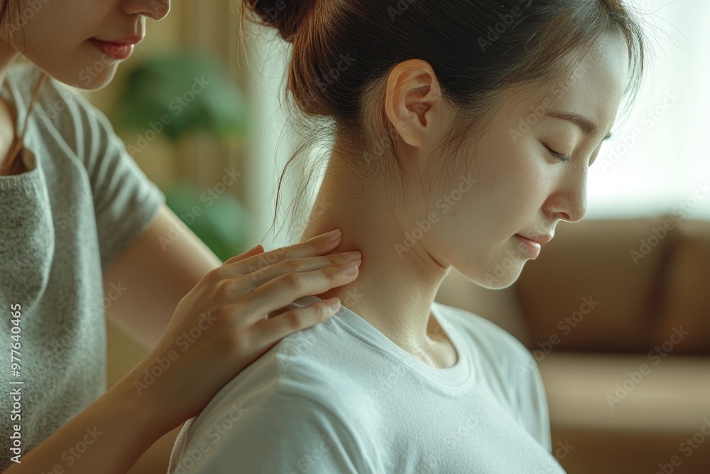Fototapeta premium Japanese woman in casual clothes is receiving a neck massage from a physical therapist for chronic stiff neck, with the physical therapist's hands lightly holding her shoulders.