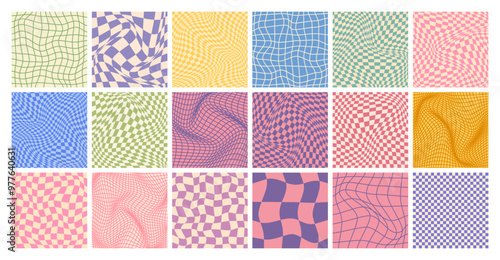 Groovy checkered pattern, colorful distorted tiled grid. Vintage wavy curved backdrop, distortion effect. Funky geometric chessboard texture, retro background in 90s style, y2k. Vector illustration