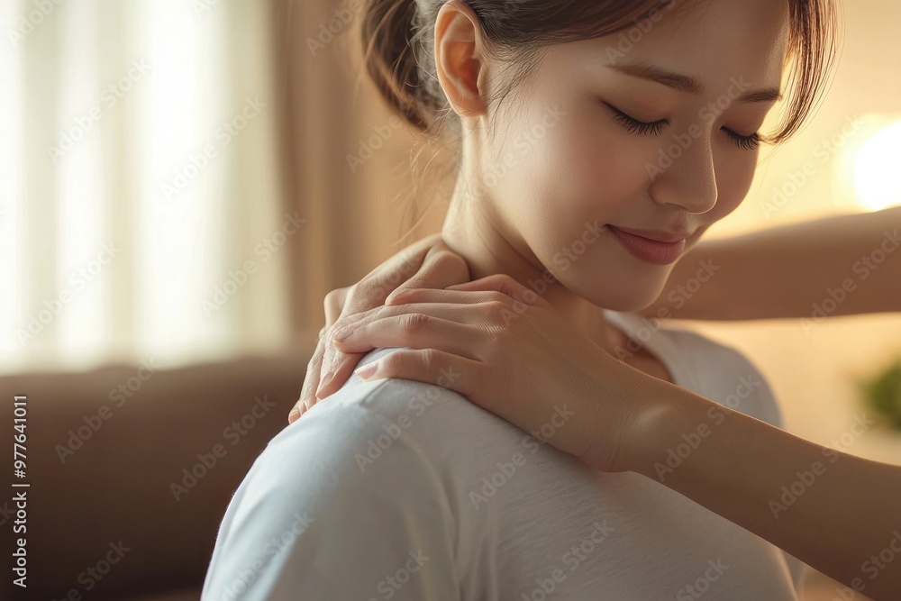 Naklejka premium Japanese woman in casual clothes is receiving a neck massage from a physical therapist for chronic stiff neck, with the physical therapist's hands lightly holding her shoulders.