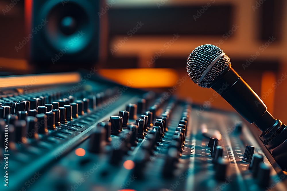 Professional microphone hanging over mixing console in recording studio Professional microphone hanging over mixing console in recording studio