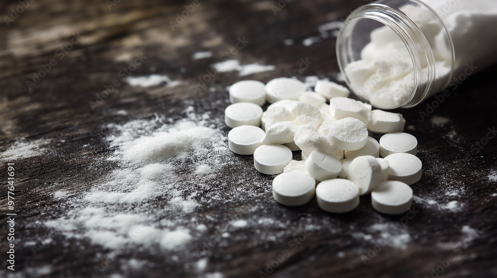 Fototapeta premium White powder and pills spilling from a jar on a wooden table