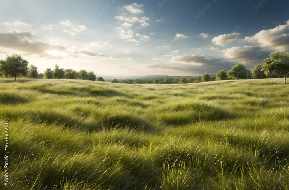 Obraz premium Green grassy field during sunrise, generative ai