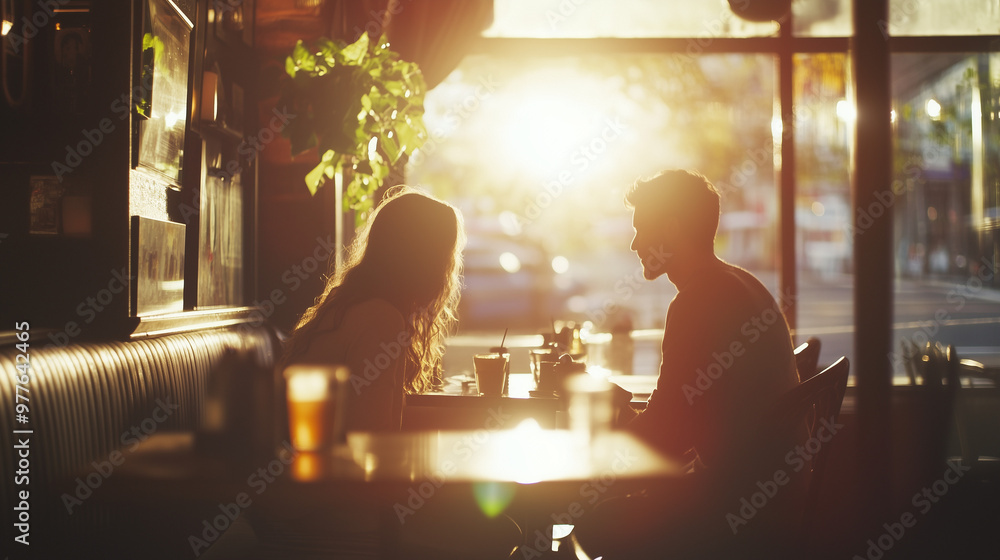 Couple in Cozy Cafe During Golden Hour Sunset Couple in Cozy Cafe During Golden Hour Sunset