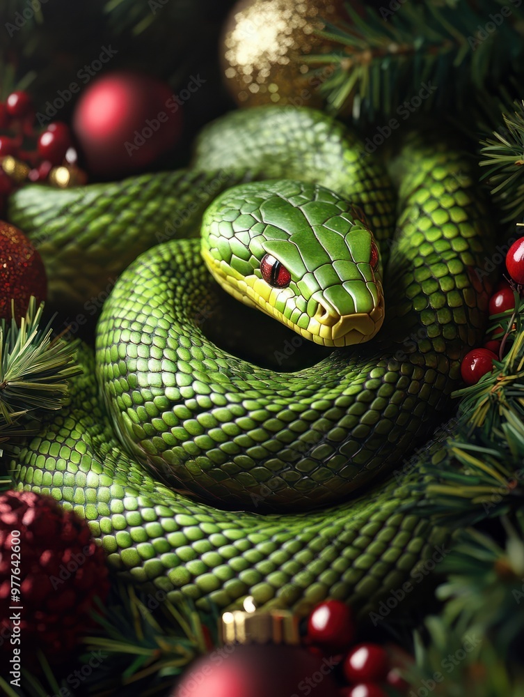 Fototapeta premium Green snake curled around Christmas decorations, creating a luxurious and festive holiday atmosphere.