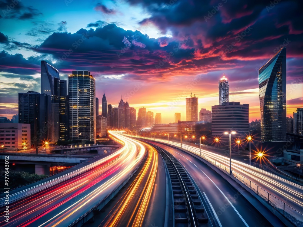 Fototapeta premium A dramatic cityscape at dusk with speeding cars and trains leaving behind a network of dynamic, curvilinear blur trails amidst a vibrant urban atmosphere.
